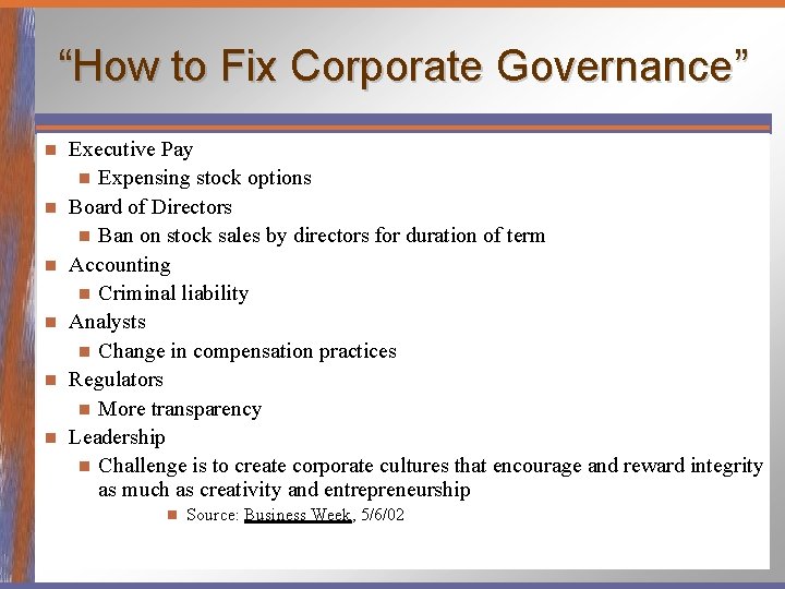 “How to Fix Corporate Governance” n n n Executive Pay n Expensing stock options