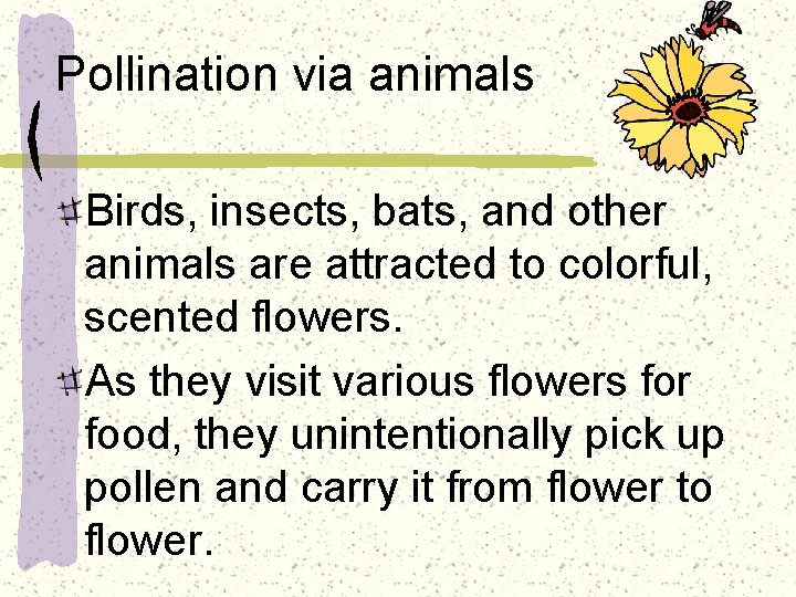 Pollination via animals Birds, insects, bats, and other animals are attracted to colorful, scented