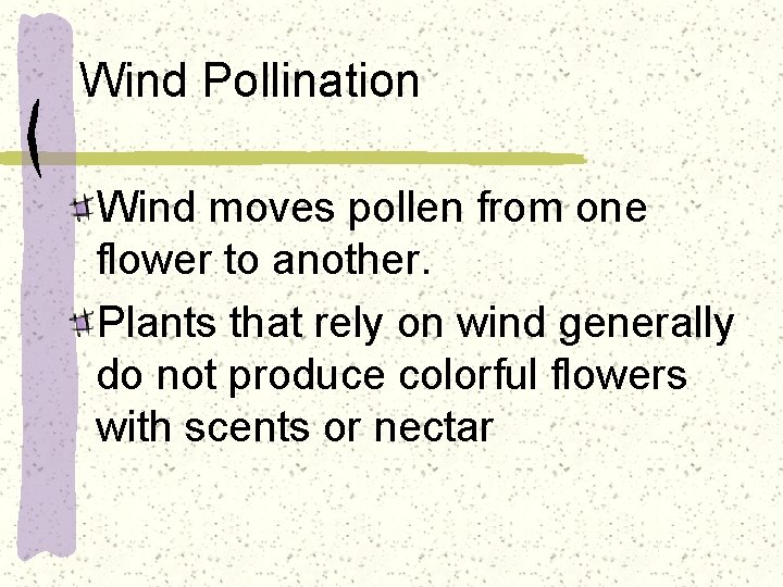 Wind Pollination Wind moves pollen from one flower to another. Plants that rely on