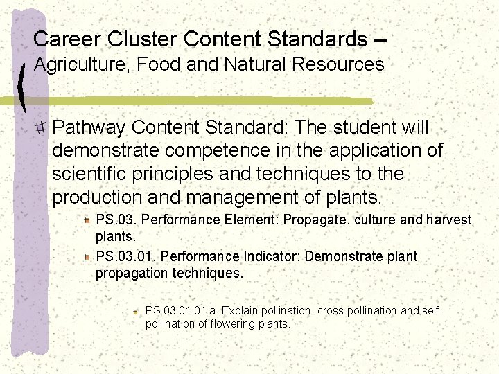 Career Cluster Content Standards – Agriculture, Food and Natural Resources Pathway Content Standard: The