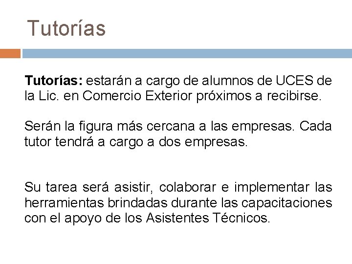 Tutorías: estarán a cargo de alumnos de UCES de la Lic. en Comercio Exterior