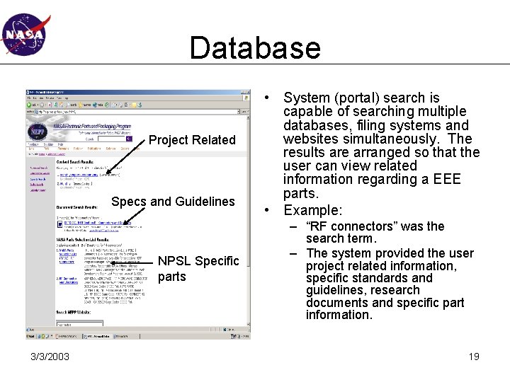Database Project Related Specs and Guidelines NPSL Specific parts 3/3/2003 • System (portal) search