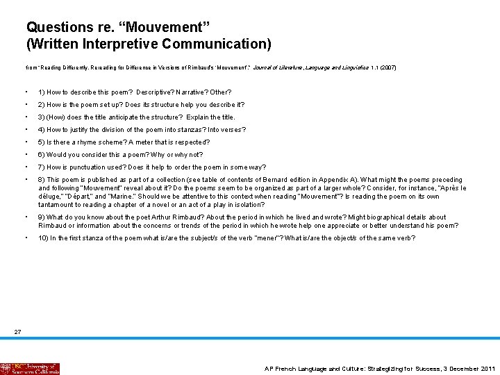 Questions re. “Mouvement” (Written Interpretive Communication) from “Reading Differently, Rereading for Difference in Versions