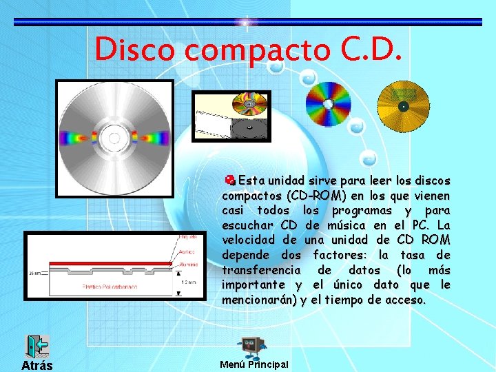 Disco compacto C. D. Esta unidad sirve para leer los discos compactos (CD-ROM) en