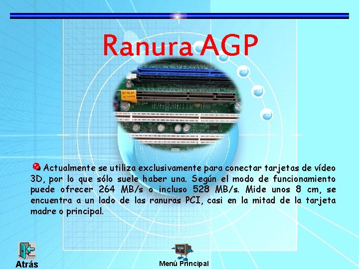 Ranura AGP Actualmente se utiliza exclusivamente para conectar tarjetas de vídeo 3 D, por