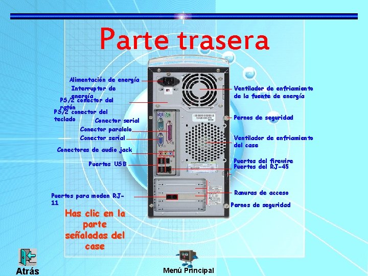 Parte trasera Alimentación de energía Interruptor de energía PS/2 conector del ratón PS/2 conector