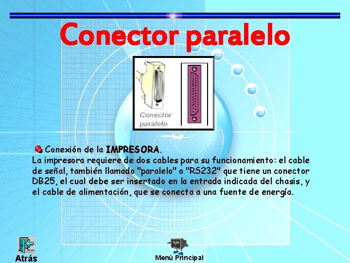 Conector paralelo Conexión de la IMPRESORA. La impresora requiere de dos cables para su