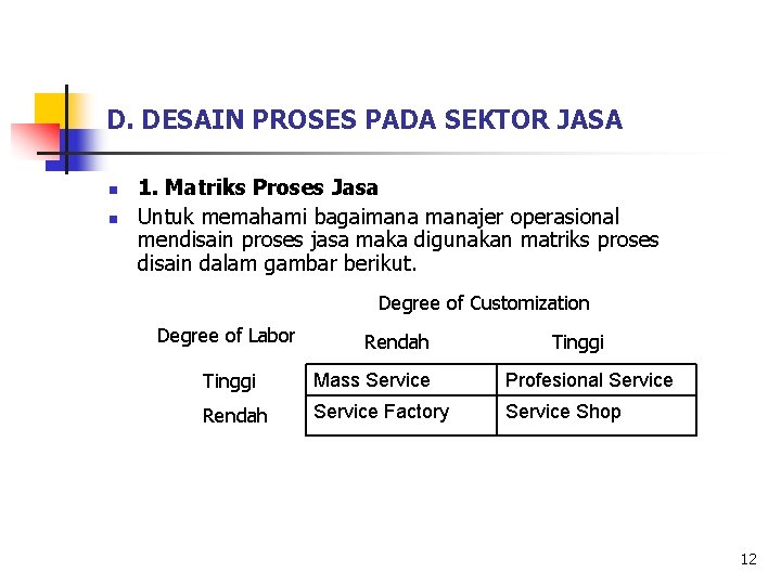 D. DESAIN PROSES PADA SEKTOR JASA n n 1. Matriks Proses Jasa Untuk memahami