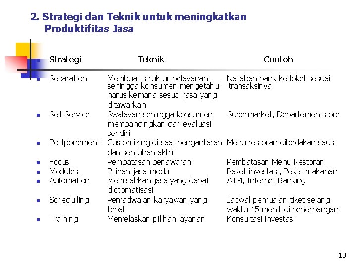 2. Strategi dan Teknik untuk meningkatkan Produktifitas Jasa n Strategi Teknik n Separation n