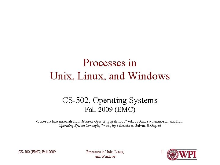 Processes in Unix, Linux, and Windows CS-502, Operating Systems Fall 2009 (EMC) (Slides include