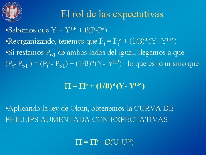 El rol de las expectativas • Sabemos que Y = YLP + ß(P-Pe) •