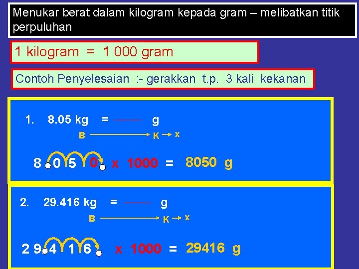 Menukar berat dalam kilogram kepada gram – melibatkan titik perpuluhan 1 kilogram = 1