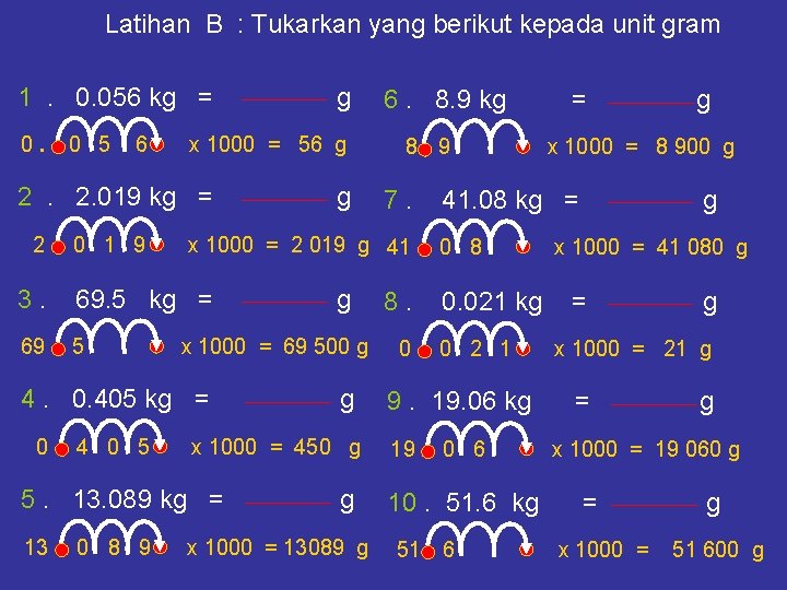 Latihan B : Tukarkan yang berikut kepada unit gram 1. 0. 056 kg =