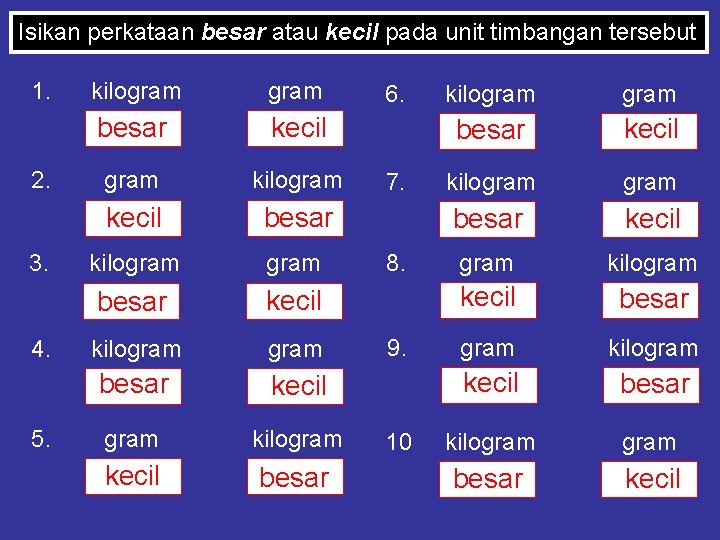 Isikan perkataan besar atau kecil pada unit timbangan tersebut 1. 2. 3. 4. 5.