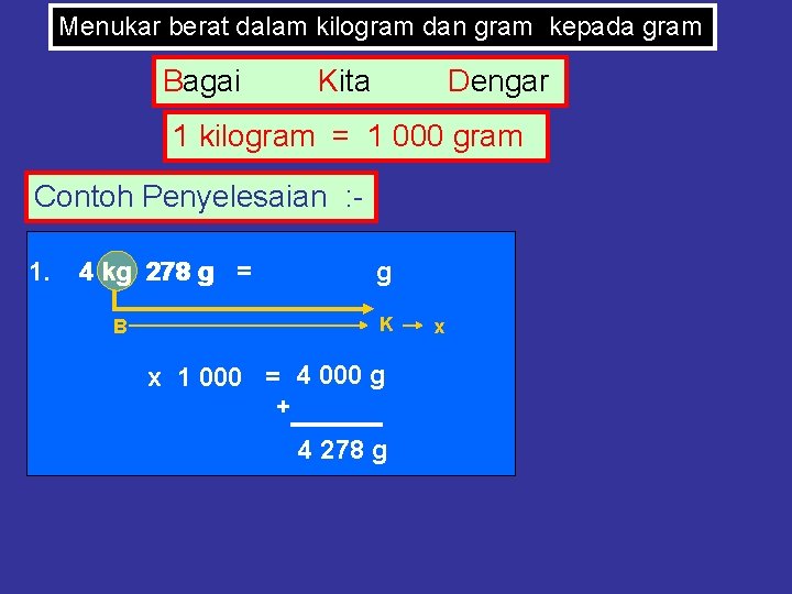 Menukar berat dalam kilogram dan gram kepada gram Bagai Kita Dengar 1 kilogram =