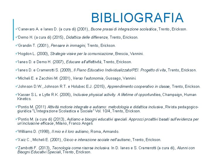 BIBLIOGRAFIA üCanevaro A. e Ianes D. (a cura di) (2001), Buone prassi di integrazione