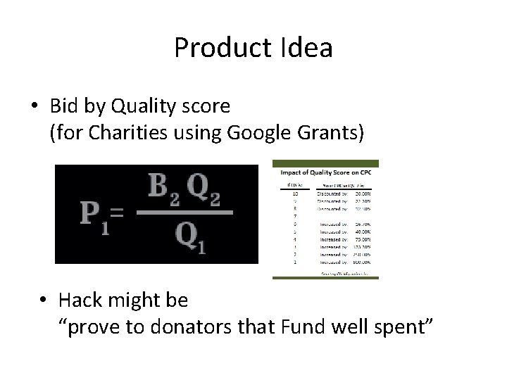 Product Idea • Bid by Quality score (for Charities using Google Grants) • Hack