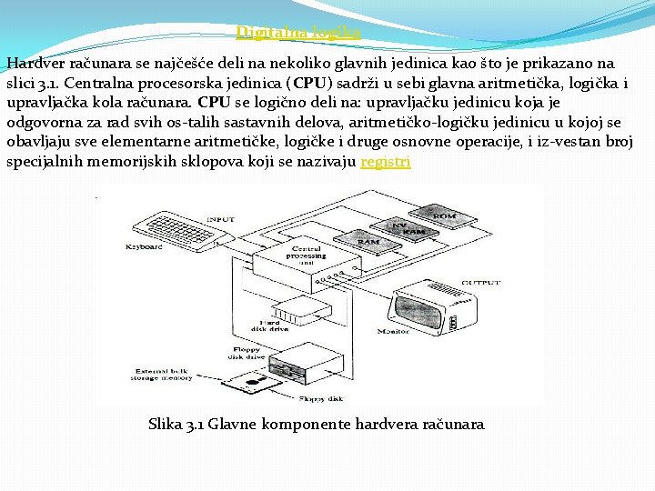 Digitalna logika Hardver računara se najčešće deli na nekoliko glavnih jedinica kao što je