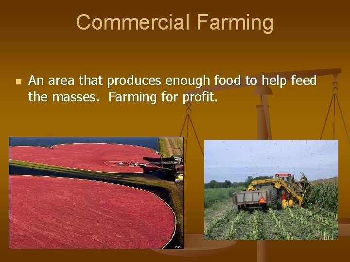 Commercial Farming n An area that produces enough food to help feed the masses.