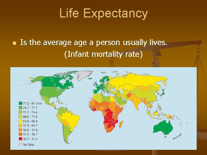 Life Expectancy n Is the average a person usually lives. (Infant mortality rate) 