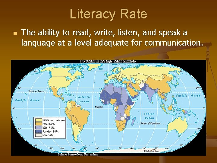 Literacy Rate n The ability to read, write, listen, and speak a language at