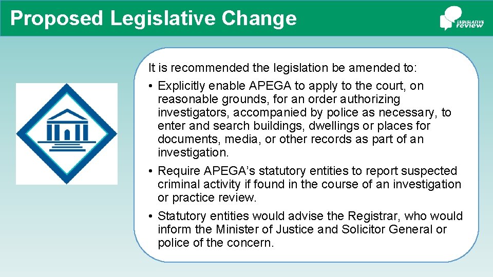 Proposed Legislative Change It is recommended the legislation be amended to: • Explicitly enable
