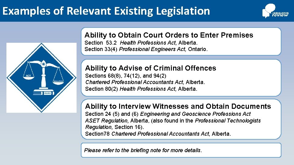 Examples of Relevant Existing Legislation Ability to Obtain Court Orders to Enter Premises Section