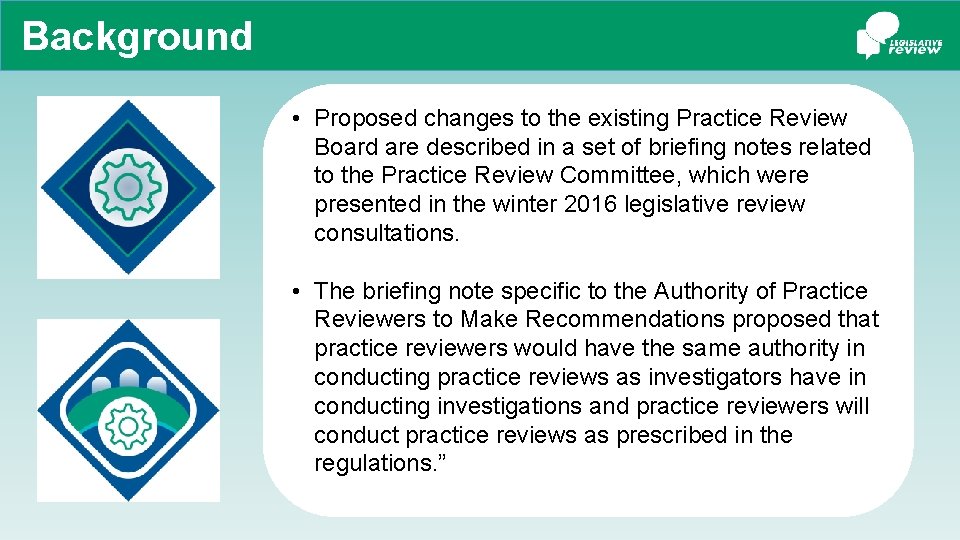 Background • Proposed changes to the existing Practice Review Board are described in a