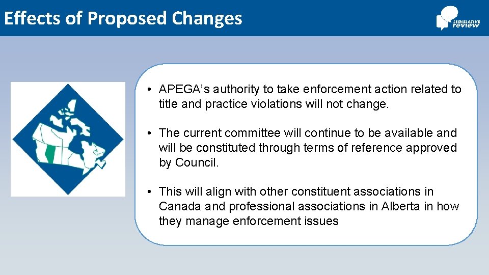 Effects of Proposed Changes • APEGA’s authority to take enforcement action related to title
