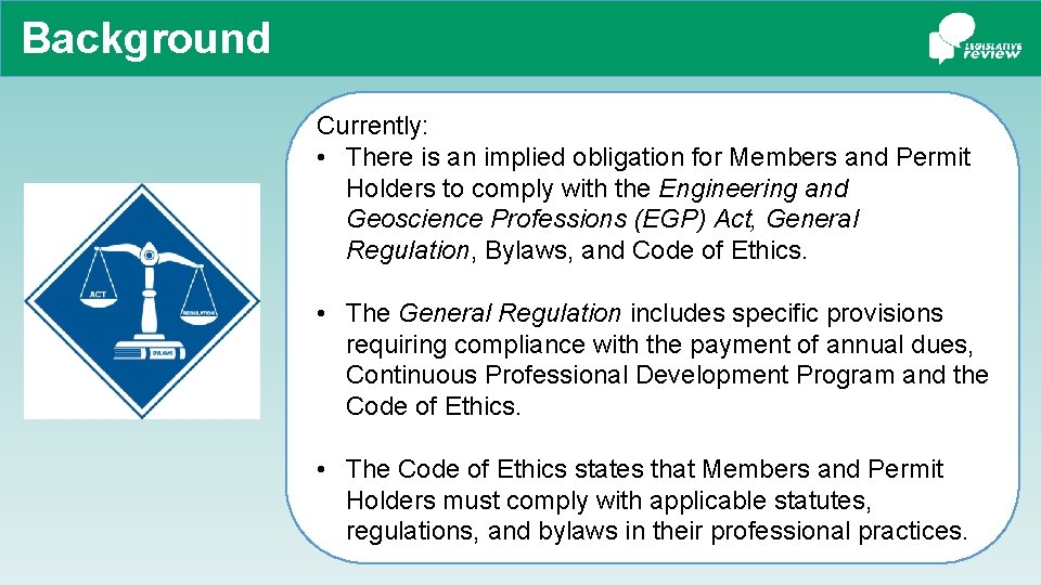 Background Currently: • There is an implied obligation for Members and Permit Holders to