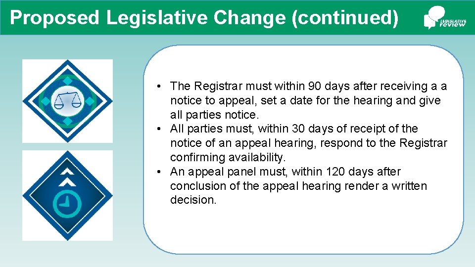 Proposed Legislative Change (continued) • The Registrar must within 90 days after receiving a