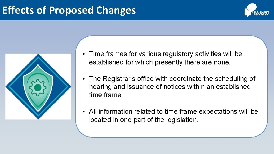 Effects of Proposed Changes • Time frames for various regulatory activities will be established