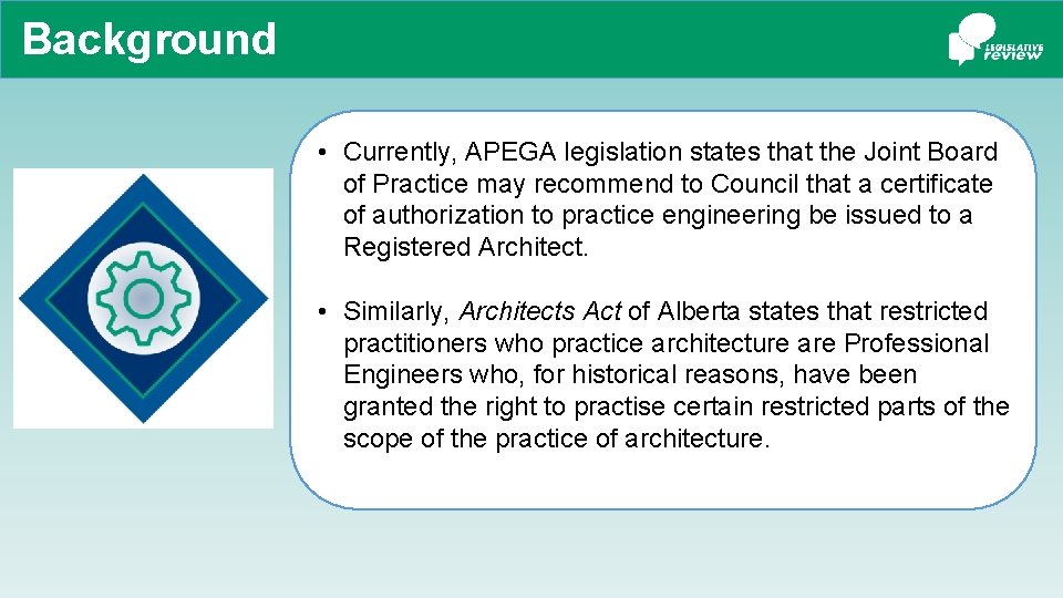 Background • Currently, APEGA legislation states that the Joint Board of Practice may recommend