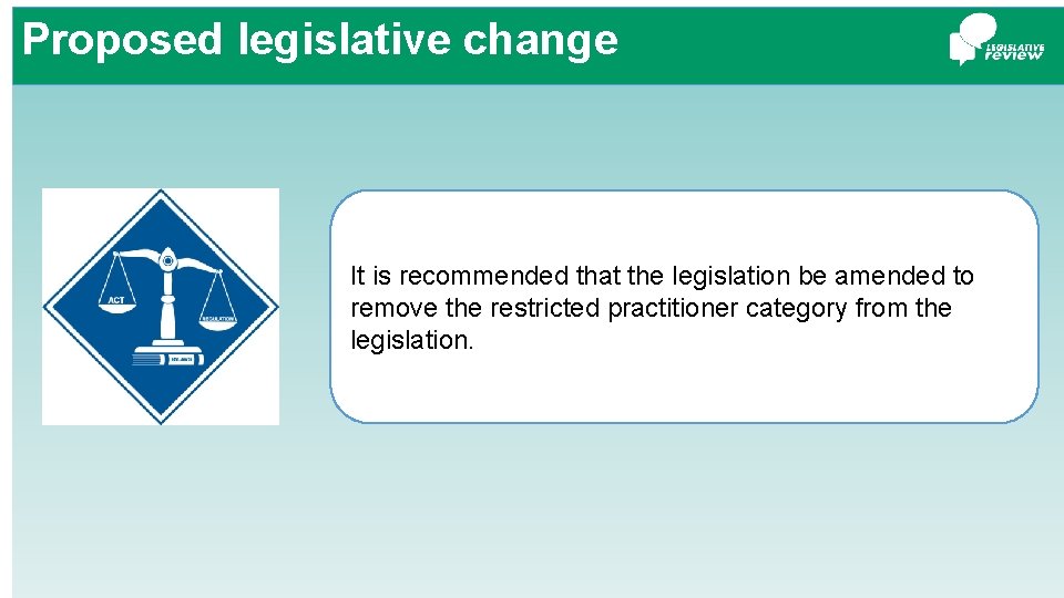 Proposed legislative change It is recommended that the legislation be amended to remove the