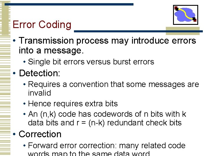 Error Coding • Transmission process may introduce errors into a message. • Single bit
