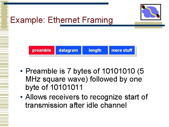 Example: Ethernet Framing preamble datagram length more stuff • Preamble is 7 bytes of