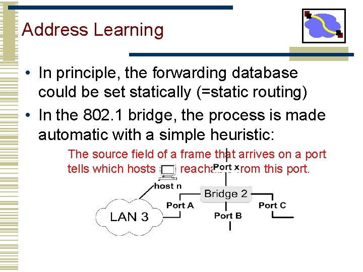 Address Learning • In principle, the forwarding database could be set statically (=static routing)