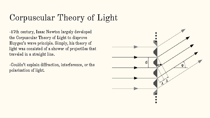 Corpuscular Theory of Light -17 th century, Isaac Newton largely developed the Corpuscular Theory