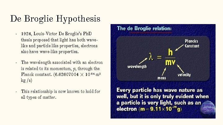 De Broglie Hypothesis - 1924, Louis-Victor De Broglie’s Ph. D thesis proposed that light
