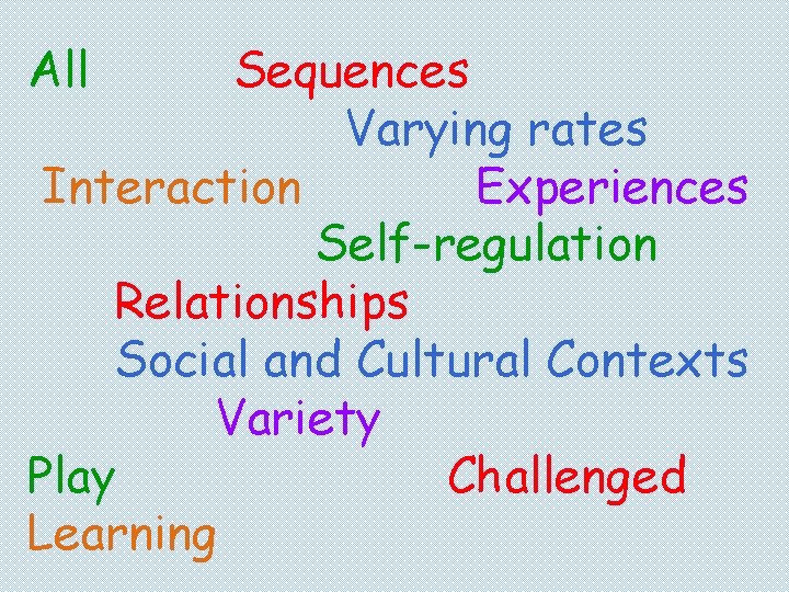 All Sequences Varying rates Interaction Experiences Self-regulation Relationships Social and Cultural Contexts Variety Play