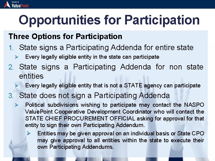 Opportunities for Participation Three Options for Participation 1. State signs a Participating Addenda for