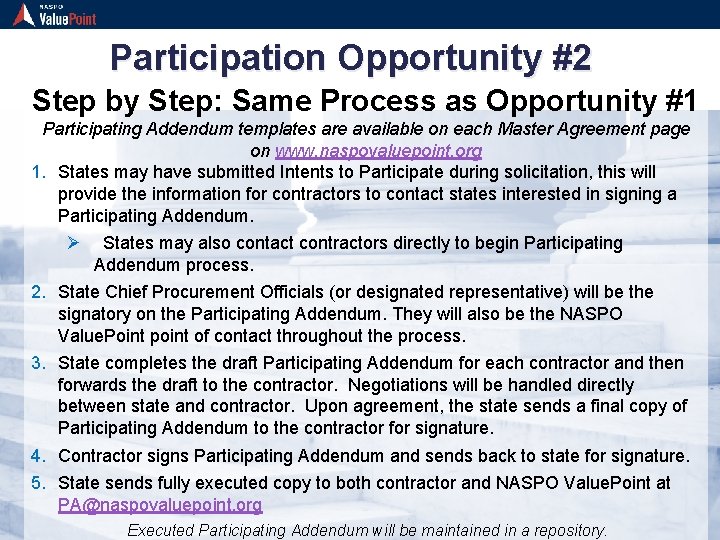 Participation Opportunity #2 Step by Step: Same Process as Opportunity #1 Participating Addendum templates