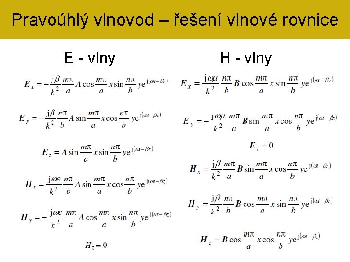 Pravoúhlý vlnovod – řešení vlnové rovnice E - vlny H - vlny 