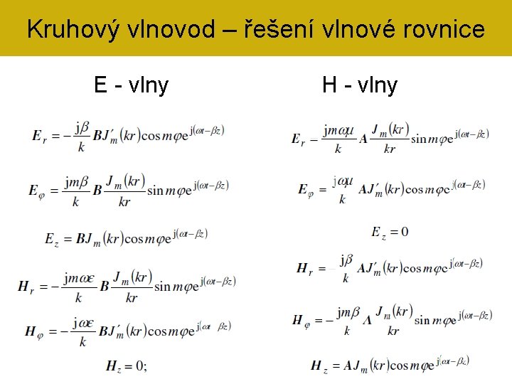 Kruhový vlnovod – řešení vlnové rovnice E - vlny H - vlny 