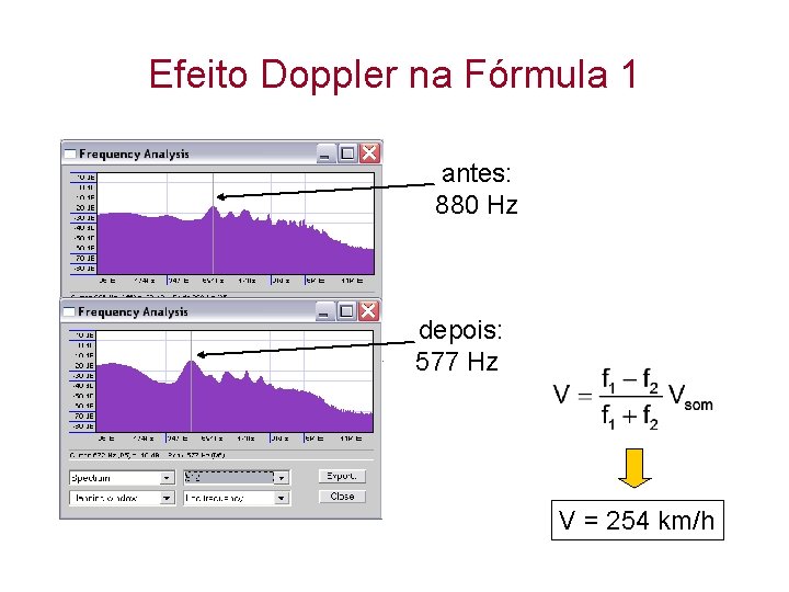 Efeito Doppler na Fórmula 1 antes: 880 Hz depois: 577 Hz V = 254