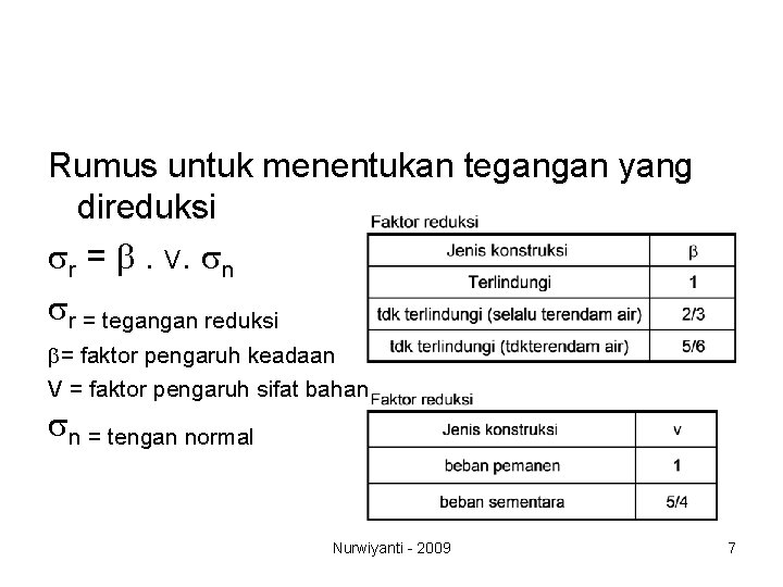 Rumus untuk menentukan tegangan yang direduksi sr = b. V. sn sr = tegangan