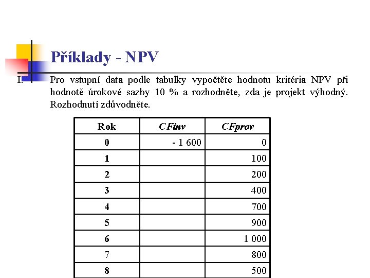 Příklady - NPV I. Pro vstupní data podle tabulky vypočtěte hodnotu kritéria NPV při