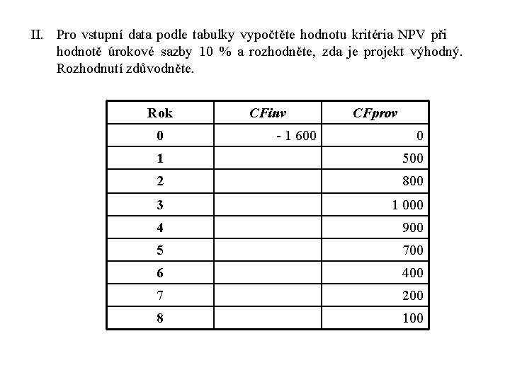 II. Pro vstupní data podle tabulky vypočtěte hodnotu kritéria NPV při hodnotě úrokové sazby