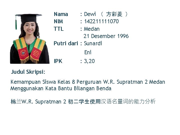 Nama NIM TTL : Dewi （ 方彩菱 ） : 142211111070 : Medan 21 Desember