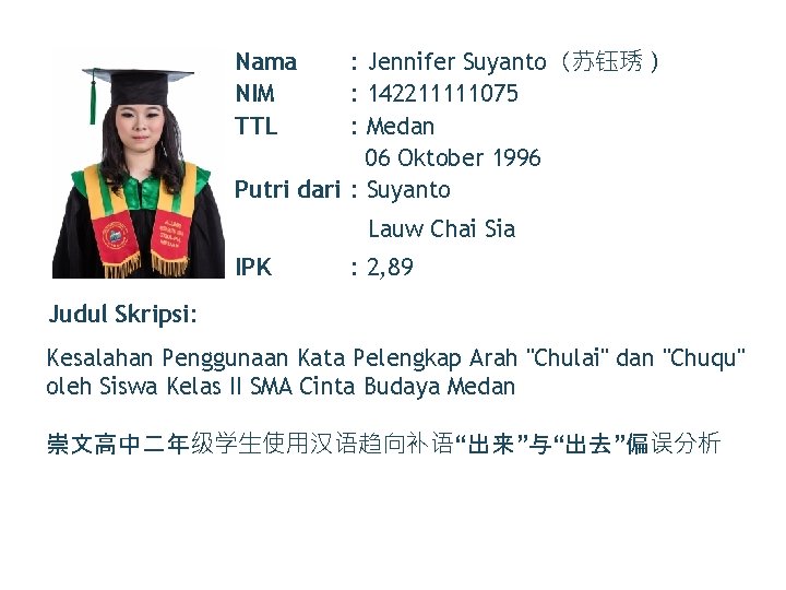 Nama NIM TTL : Jennifer Suyanto（苏钰琇） : 142211111075 : Medan 06 Oktober 1996 Putri